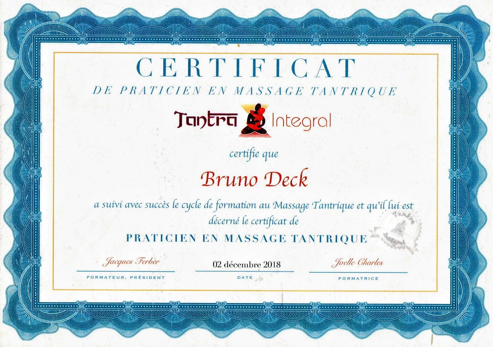 Diplome masseur tantrique Bruno Deck-Matanoma