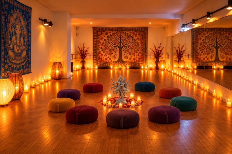 Salle de pratique Tantr'Ajaccio, lumineuse, avec coussins au sol